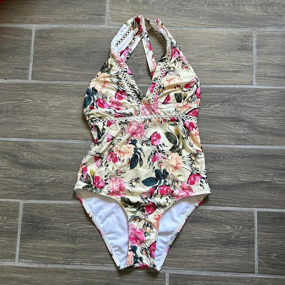 Floral print halter neck one piece swimsuit